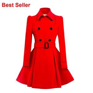 Wool Pea Coat with Belt Buckle Double Breasted Overcoat